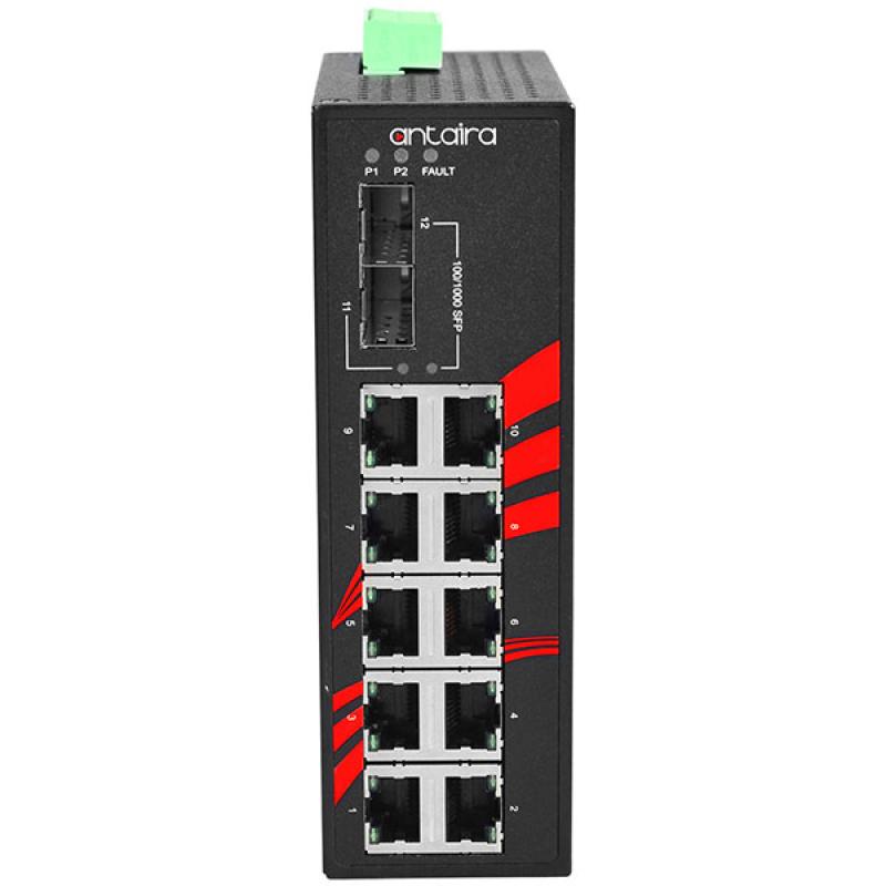 12-Port Unmanaged Industrial Gigabit Switch, 2xSFP, 12-48VDC , -40 - 75C