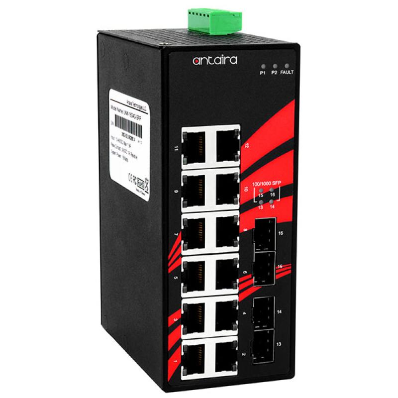 16-Port Unmanaged Industrial Gigabit Switch 12x10/100/1000 + 4xSFP, 12-48VDC , -40 - 75C
