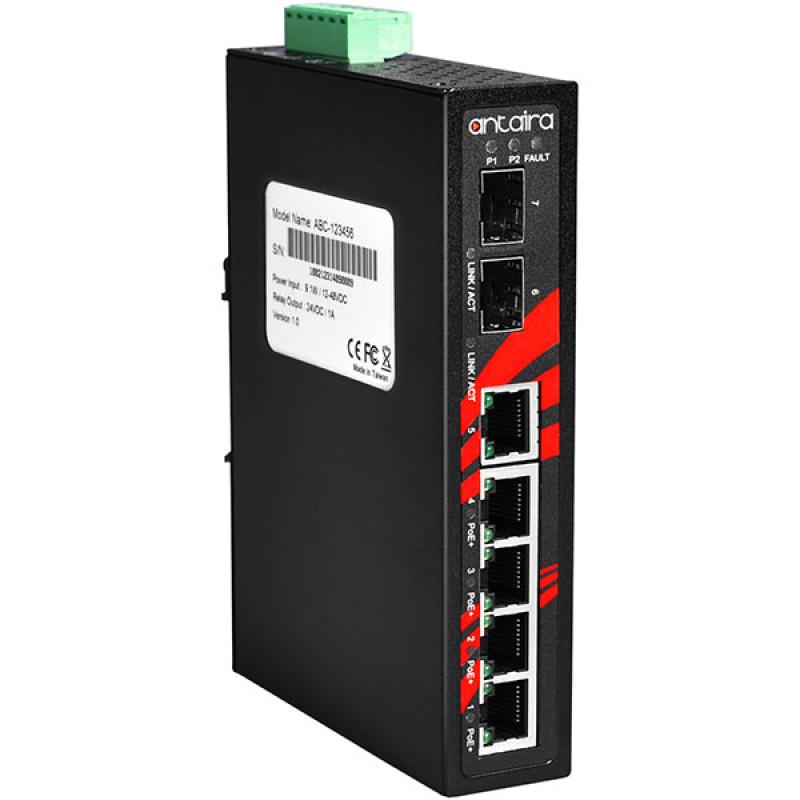 7-Port Unmanaged POE+ (30W/port) Industrial Gigabit Switch, 48-55VDC, -40 - 75C