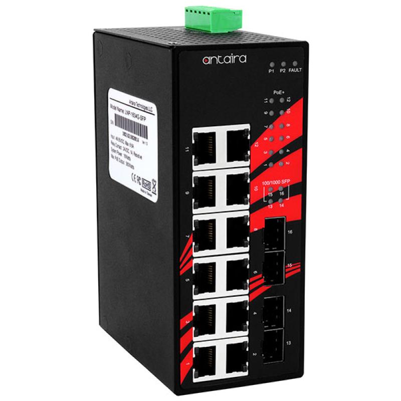 16-Port Unmanaged POE+ (30W/port) Industrial Gigabit Switch 12x10/100/1000+ 4 xSFP , 48-55VDC