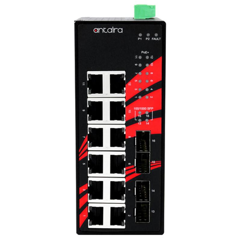16-Port Unmanaged POE+ (30W/port) Industrial Gigabit Switch 12x10/100/1000+ 4 xSFP , 48-55VDC